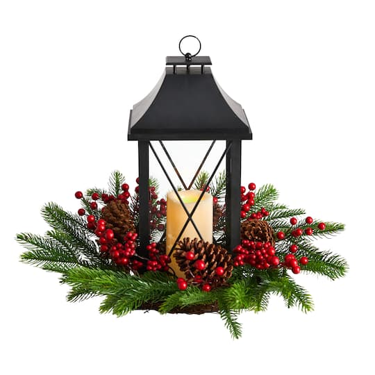 16" Christmas Berries, Pinecones & Greenery with Lantern and LED Candle Artificial Table Arrangement